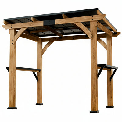 Modern Shade Grill Gazebo 6' X 8', Cedar Wood Gazebo with USB and USB-C Charging Ports, Outdoor Bar with Galvanized Steel Roof, Shelves and Paper Towel Holder, Patio Bars for Backyard