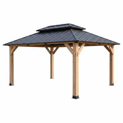 12' X 16' Wooden Gazebo,Patio Hardtop Gazebo Wood,Diy Color Permanent Pavilion with Galvanized Steel Double Metal Roof for Backyard, Deck(Windproof, Snow-Load Bearing, Waterproof, Rustproof)
