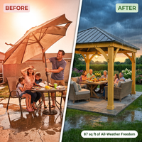 10' X 12' Wooden Gazebo,Patio Hardtop Gazebo Wood,Diy Color Permanent Pavilion with Galvanized Steel Double Metal Roof for Backyard, Deck(Windproof, Snow-Load Bearing, Waterproof, Rustproof) — Before & After