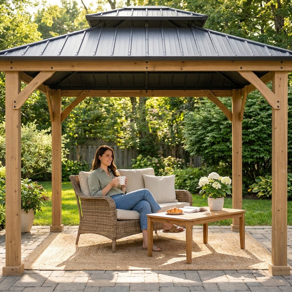 Wooden Patio Gazebo Built for Year-Round Use, Double Steel Roof, 10x12 Dimensions, Weather Resistant