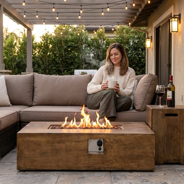 Outdoor Fire Pit Table Set Built to Entertain, Propane Powered, Adjustable Flame, Magnesium Oxide Top
