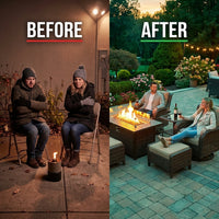 7 Piece Outdoor Patio Furniture Set, Patio Furniture Set with Fire Pit Table Rattan Wicker Patio Furniture Set, Brown Wicker & Beige Cushion — Before & After