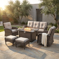 7 Piece Outdoor Patio Furniture Set, Patio Furniture Set with Fire Pit Table Rattan Wicker Patio Furniture Set, Brown Wicker & Beige Cushion — Studio Shot