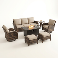 7 Piece Outdoor Patio Furniture Set, Patio Furniture Set with Fire Pit Table Rattan Wicker Patio Furniture Set, Brown Wicker & Beige Cushion — Studio Shot