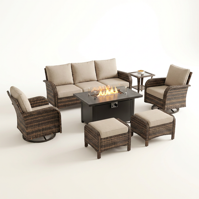 Patio Furniture Set Designed for All-Weather Entertaining, Fire Pit Table, Rattan Wicker, 7 Piece Set