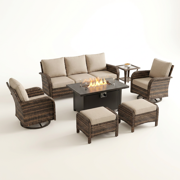 7 Piece Outdoor Patio Furniture Set, Patio Furniture Set with Fire Pit Table Rattan Wicker Patio Furniture Set, Brown Wicker & Beige Cushion — Studio Shot