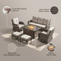 7 Piece Outdoor Patio Furniture Set, Patio Furniture Set with Fire Pit Table Rattan Wicker Patio Furniture Set, Brown Wicker & Beige Cushion — infographic