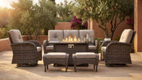 7 Piece Outdoor Patio Furniture Set, Patio Furniture Set with Fire Pit Table Rattan Wicker Patio Furniture Set, Brown Wicker & Beige Cushion — Lifestyle