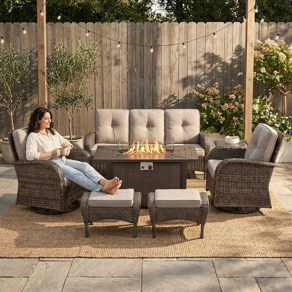 Patio Furniture Set Designed for All-Weather Entertaining, Fire Pit Table, Rattan Wicker, 7 Piece Set