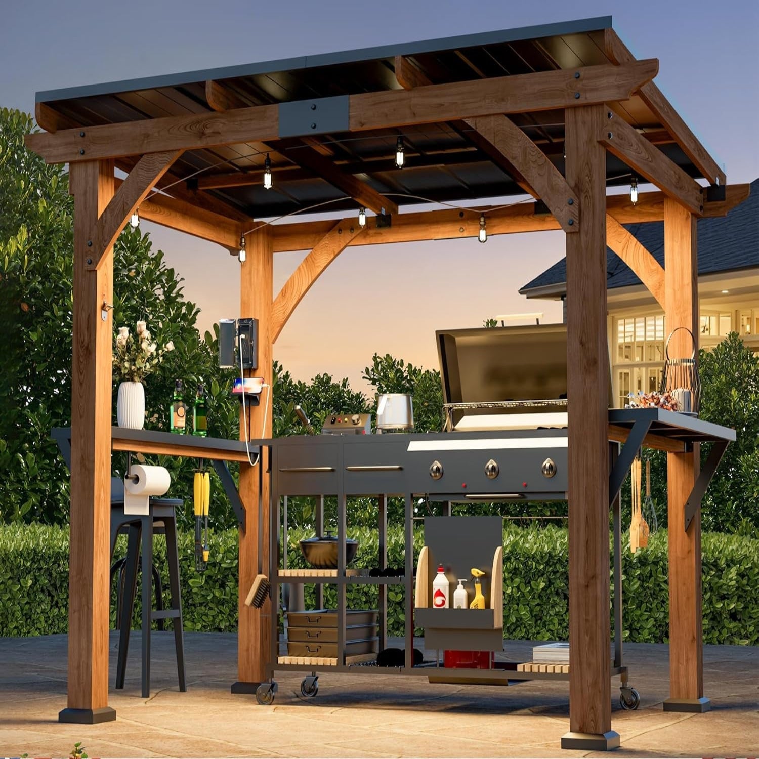 Modern Shade Grill Gazebo 6' X 8', Cedar Wood Gazebo with USB and USB-C Charging Ports, Outdoor Bar with Galvanized Steel Roof, Shelves and Paper Towel Holder, Patio Bars for Backyard
