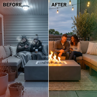 Concrete Fire Pit Table Engineered for Year-Round Use, Rectangular Design, Ceramic Wind Guard, Multi-Function — Before & After