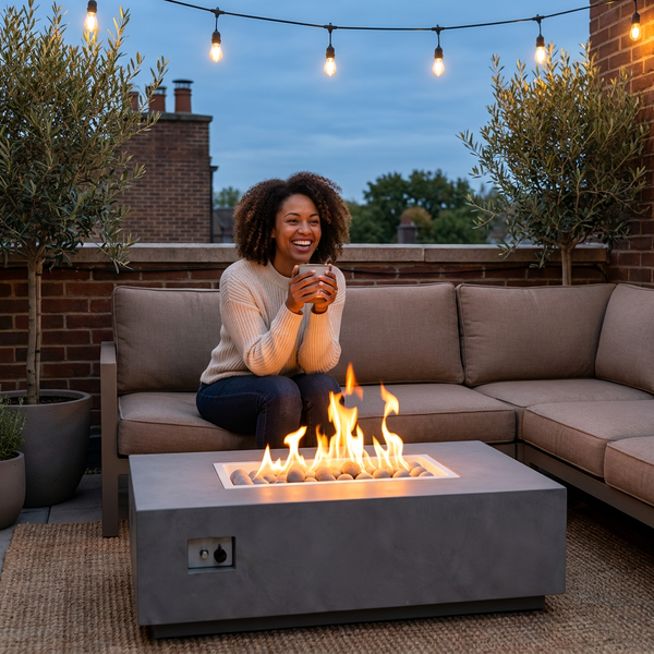 Fire Pit Table Engineered for Year-Round Use, Rectangular Concrete Design, Ceramic Wind Guard, Multi-Function