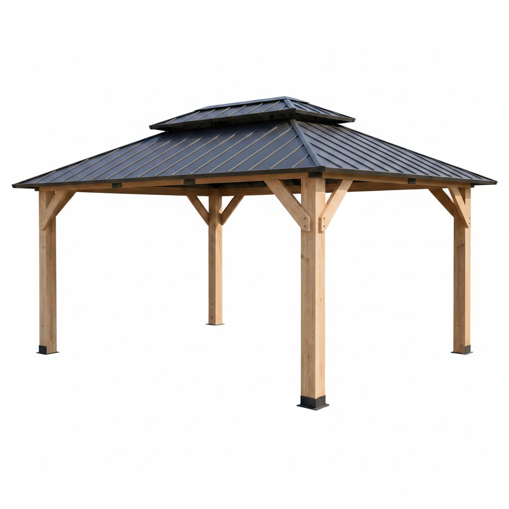 12' X 16' Wooden Gazebo,Patio Hardtop Gazebo Wood,Diy Color Permanent Pavilion with Galvanized Steel Double Metal Roof for Backyard, Deck(Windproof, Snow-Load Bearing, Waterproof, Rustproof)