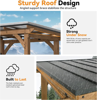 Modern Shade Grill Gazebo 6' X 8', Cedar Wood Gazebo with USB and USB-C Charging Ports, Outdoor Bar with Galvanized Steel Roof, Shelves and Paper Towel Holder, Patio Bars for Backyard