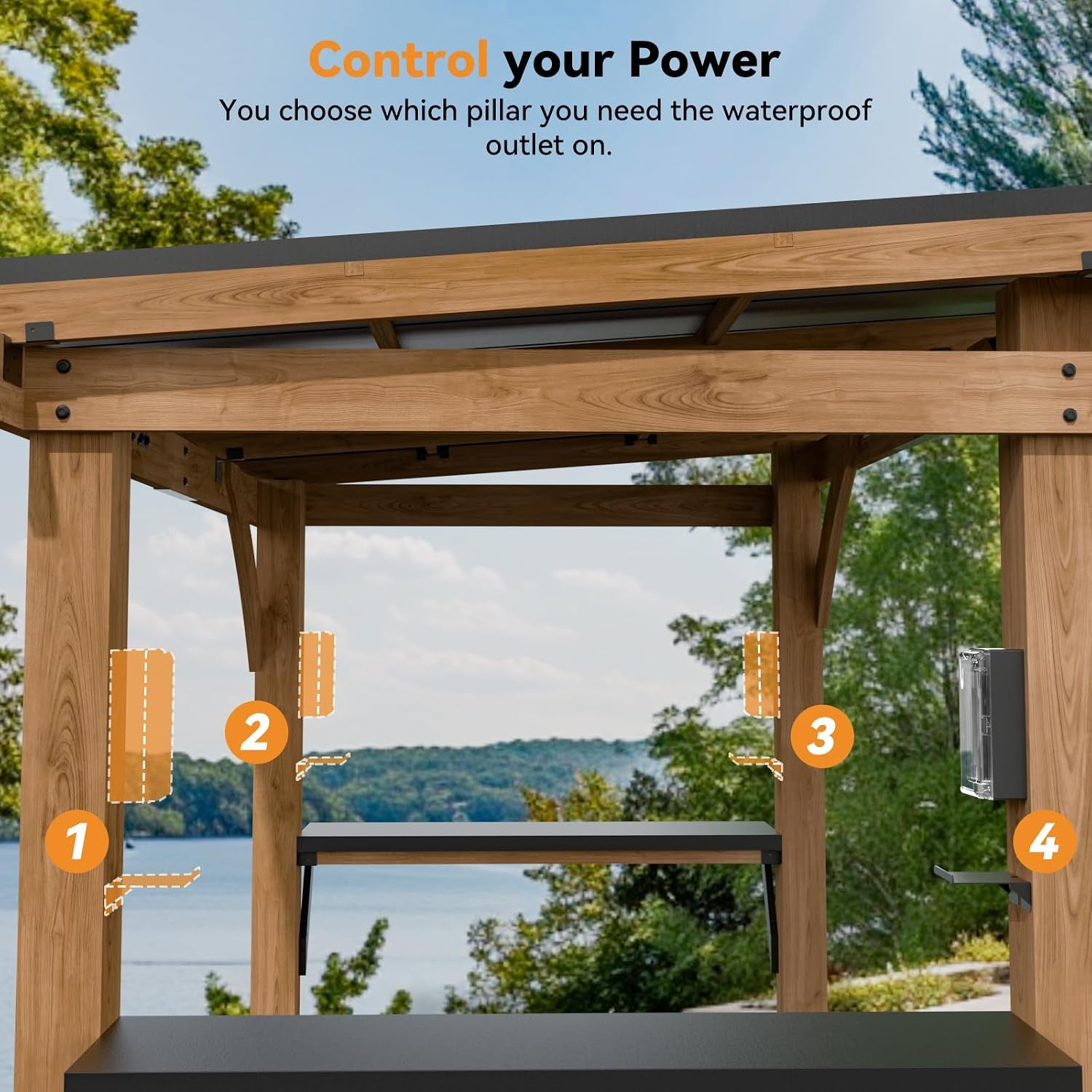 Modern Shade Grill Gazebo 6' X 8', Cedar Wood Gazebo with USB and USB-C Charging Ports, Outdoor Bar with Galvanized Steel Roof, Shelves and Paper Towel Holder, Patio Bars for Backyard