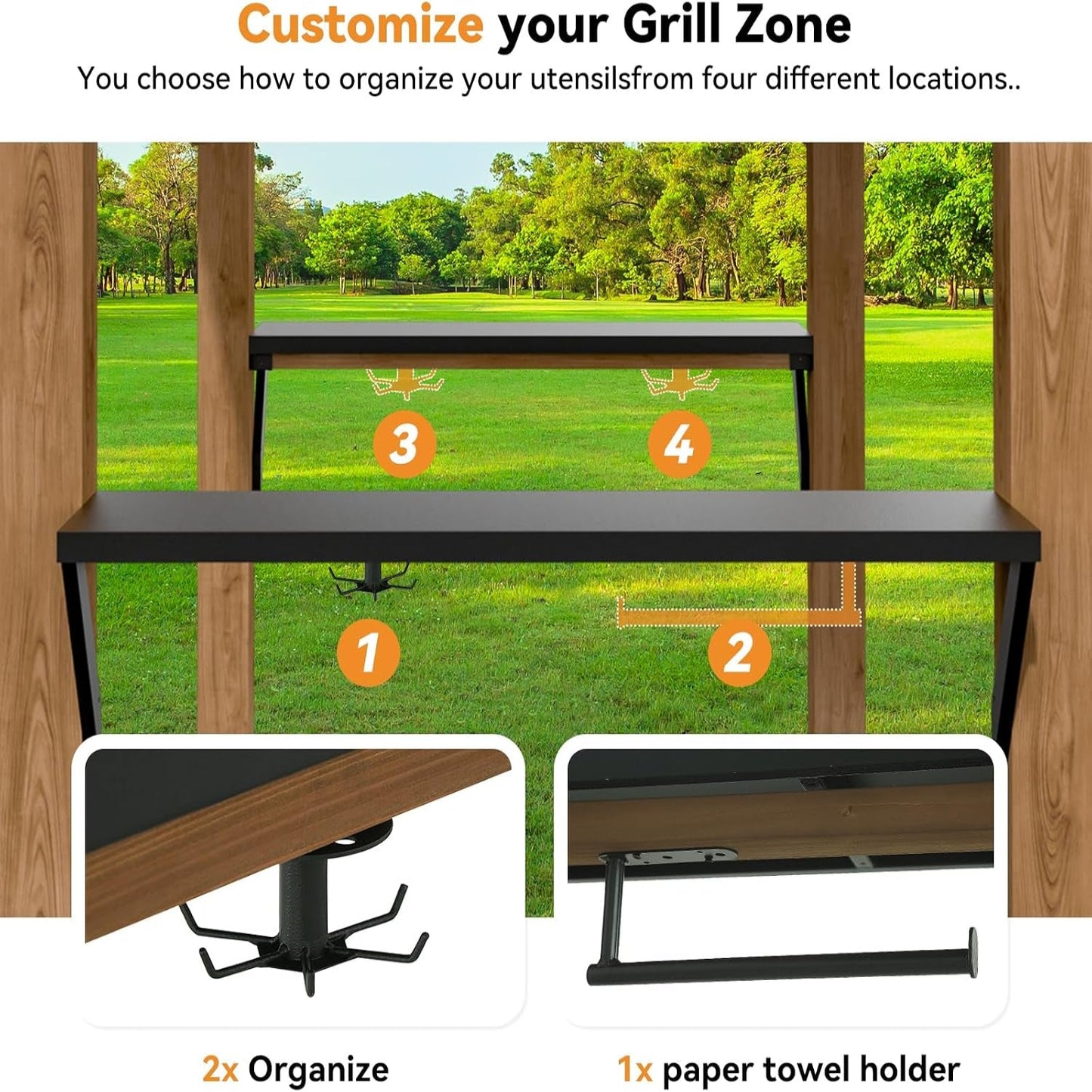 Modern Shade Grill Gazebo 6' X 8', Cedar Wood Gazebo with USB and USB-C Charging Ports, Outdoor Bar with Galvanized Steel Roof, Shelves and Paper Towel Holder, Patio Bars for Backyard