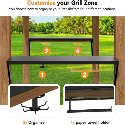 Modern Shade Grill Gazebo 6' X 8', Cedar Wood Gazebo with USB and USB-C Charging Ports, Outdoor Bar with Galvanized Steel Roof, Shelves and Paper Towel Holder, Patio Bars for Backyard