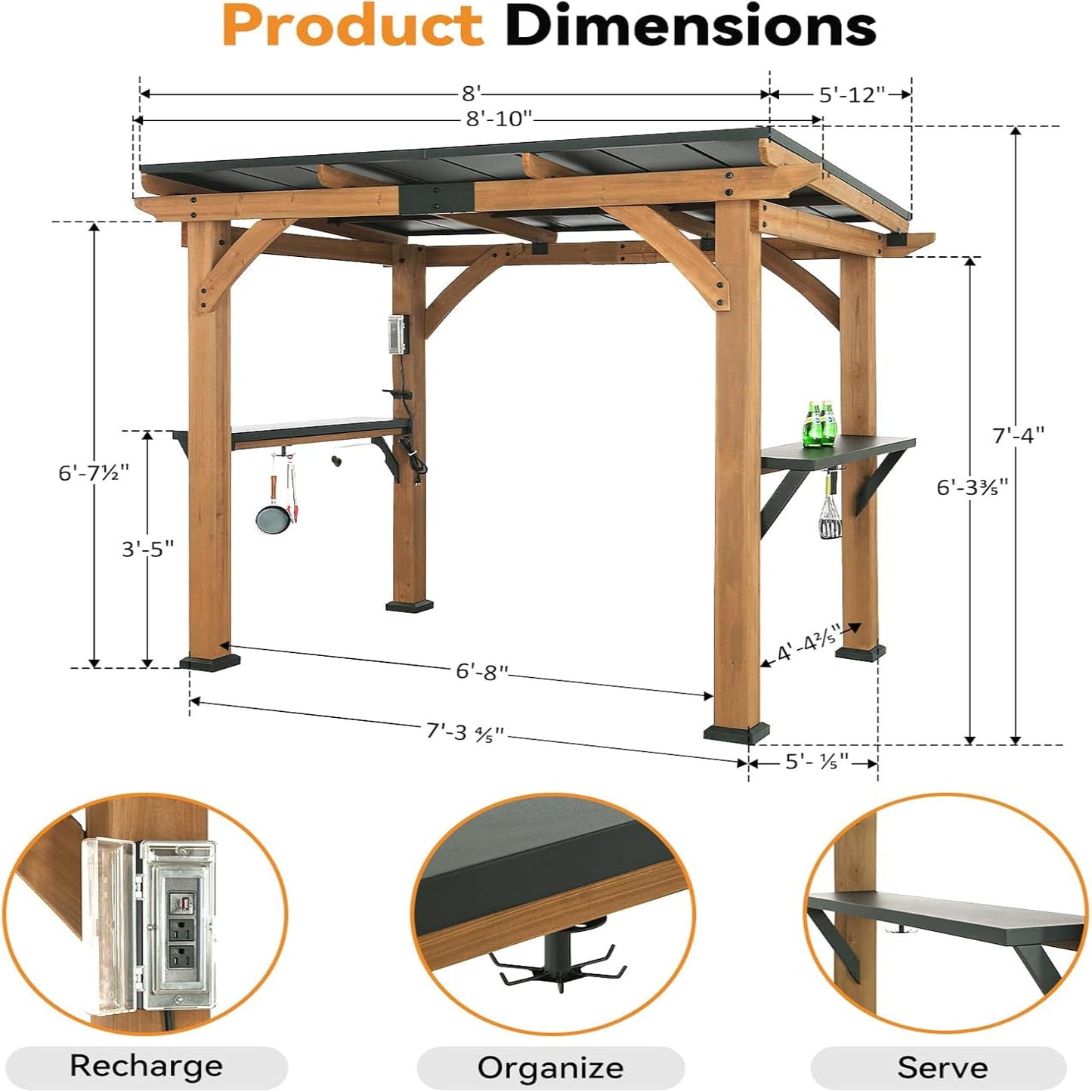 Modern Shade Grill Gazebo 6' X 8', Cedar Wood Gazebo with USB and USB-C Charging Ports, Outdoor Bar with Galvanized Steel Roof, Shelves and Paper Towel Holder, Patio Bars for Backyard