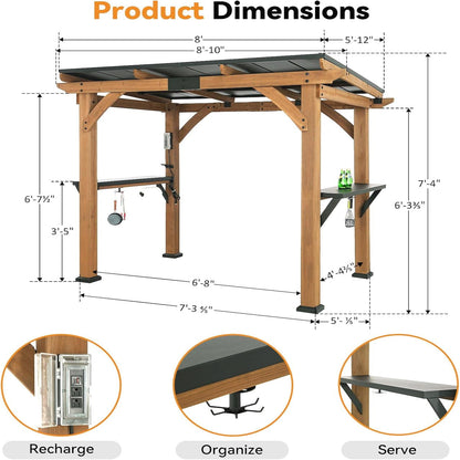 Modern Shade Grill Gazebo 6' X 8', Cedar Wood Gazebo with USB and USB-C Charging Ports, Outdoor Bar with Galvanized Steel Roof, Shelves and Paper Towel Holder, Patio Bars for Backyard